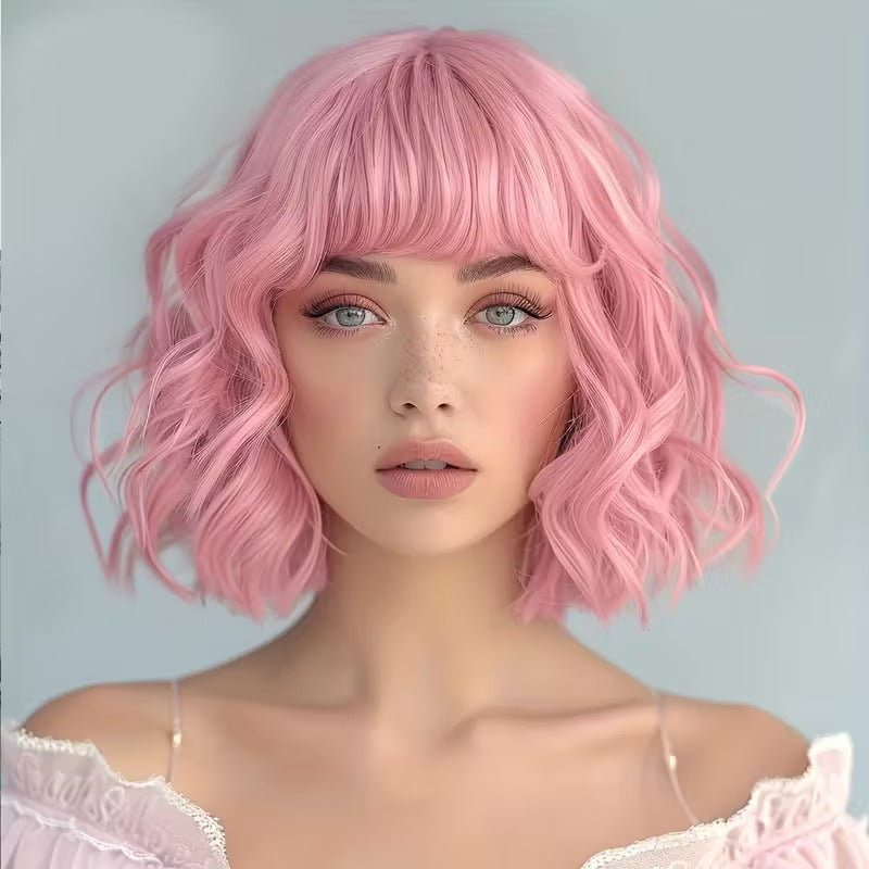 A329  Natural Looking Bob Wig with Air Bangs Short Wavy Hair for Daily Use