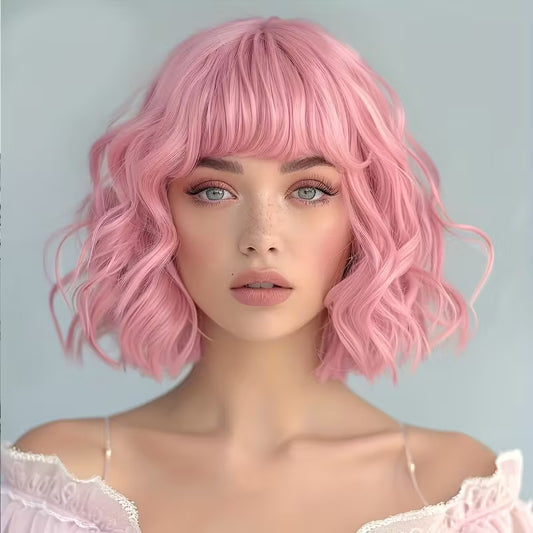A329  Natural Looking Bob Wig with Air Bangs Short Wavy Hair for Daily Use