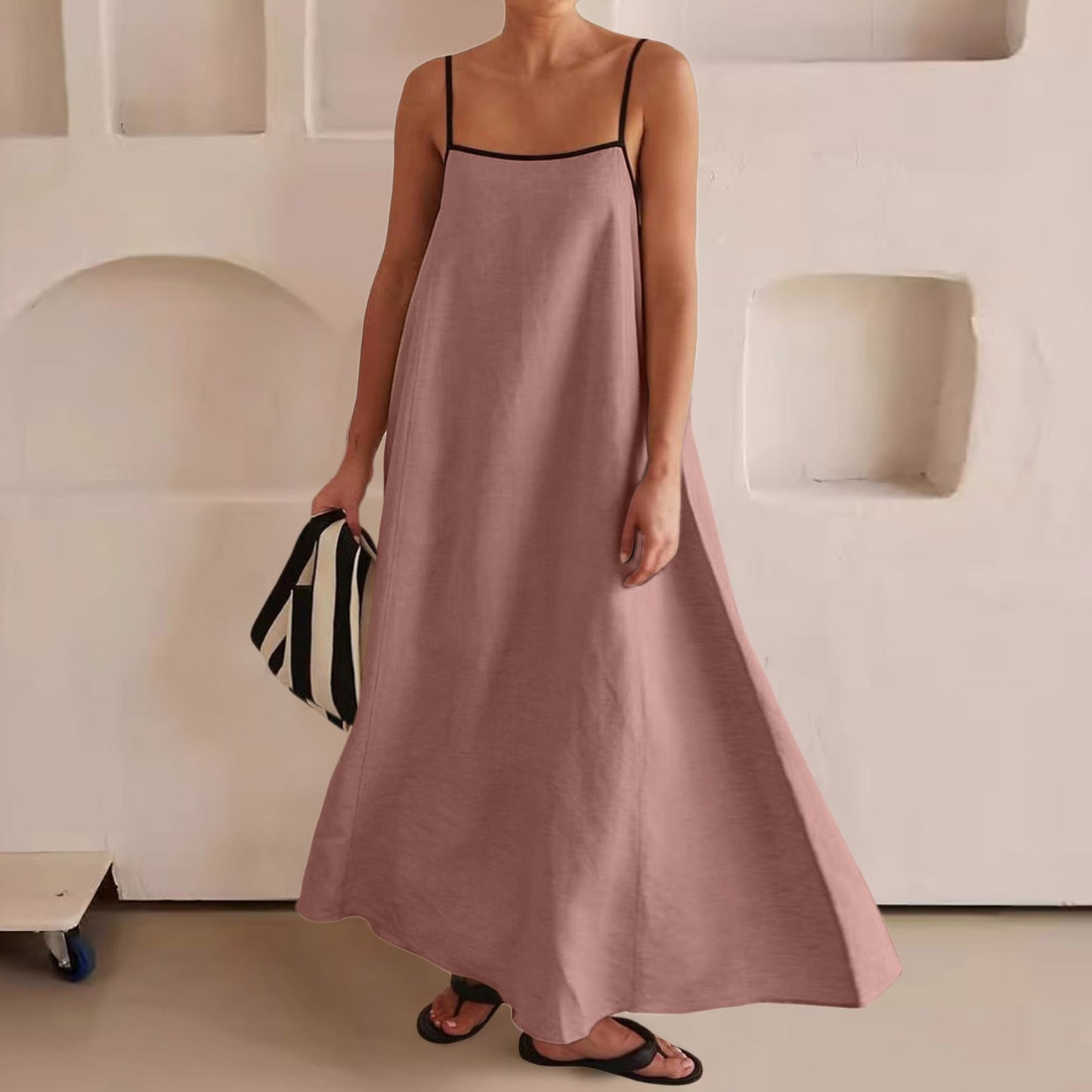 Women's 2026 Summer Linen Maxi Dress - Thin Strap Open Back Casual Slip Dress for Beach Party
