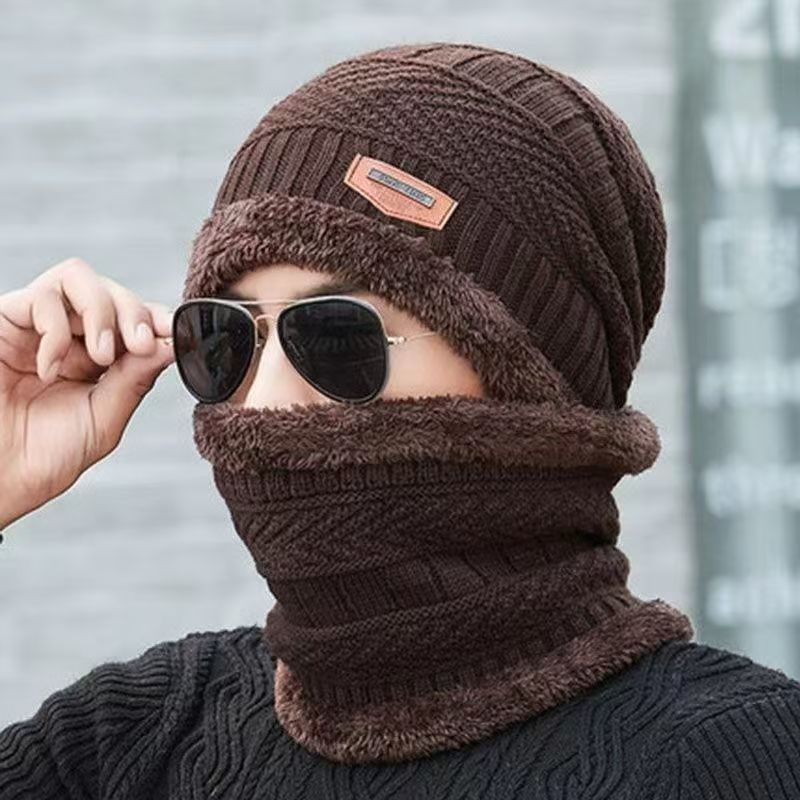 A290  Winter Hat Set with Ear Flaps and Fleece Lining Thickened Knit Hat and Scarf Two-Piece Set Autumn/Winter Wool Hat