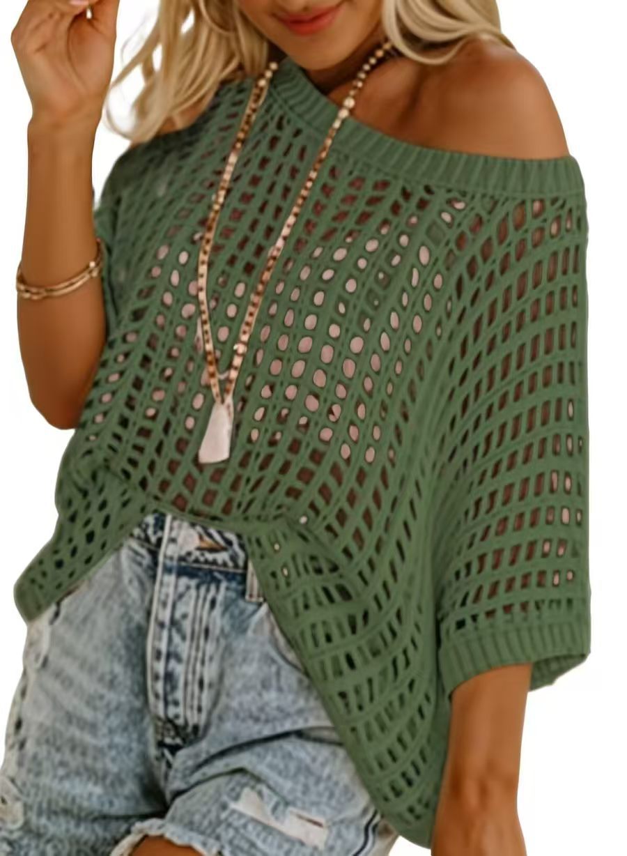 Women Hollow Out Knit Cover Up Top, Half Sleeve Mesh Beach Sweater, Off Shoulder Sheer Swim Cover Blouse