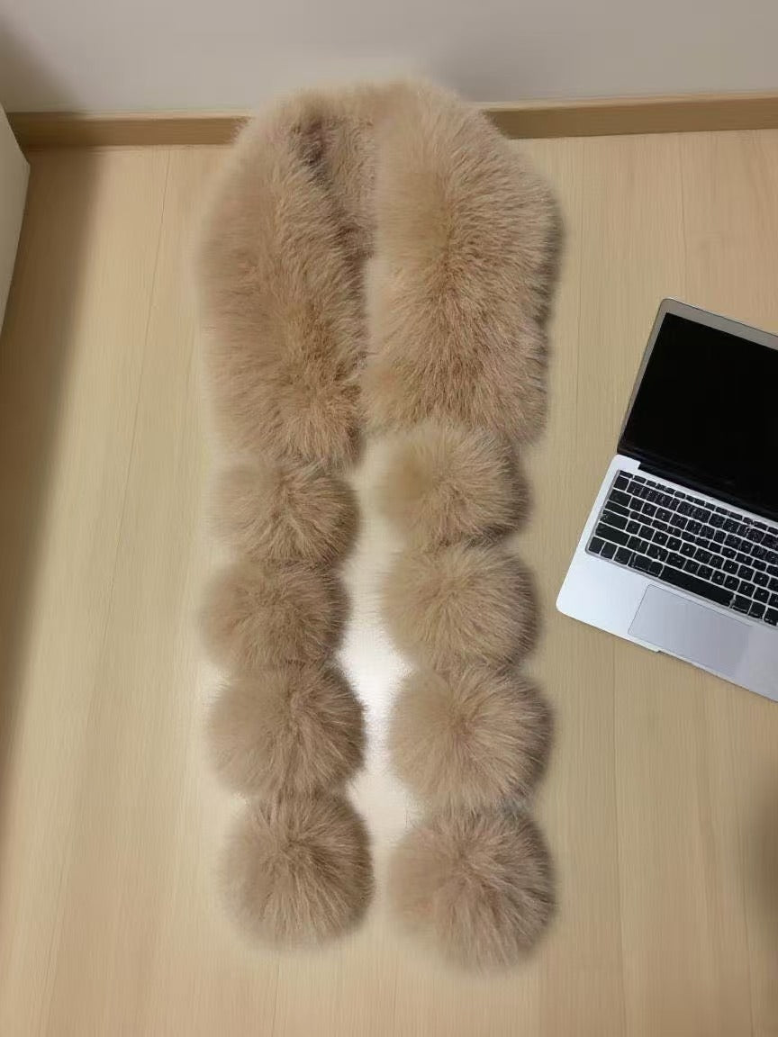 A178  Winter Double-sided Plush Neck Warmer, Faux Fox Fur Magnetic Scarf, Fashion Pom Pom Faux Fur Shawl
