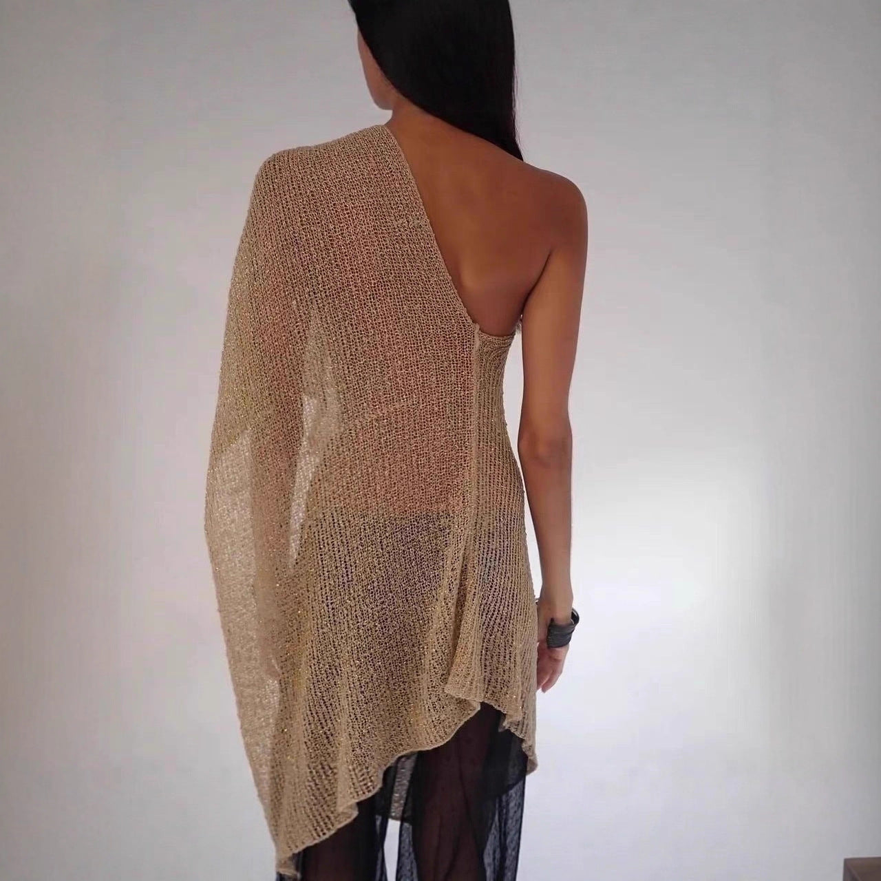 Women Hollow Out Sheer Knit Poncho Top, Multi Ways Wear Cropped Cover Up, Boho Beach Wrap Shawl, Vacation See Through Knit Blouse for Swimwear Cover Up