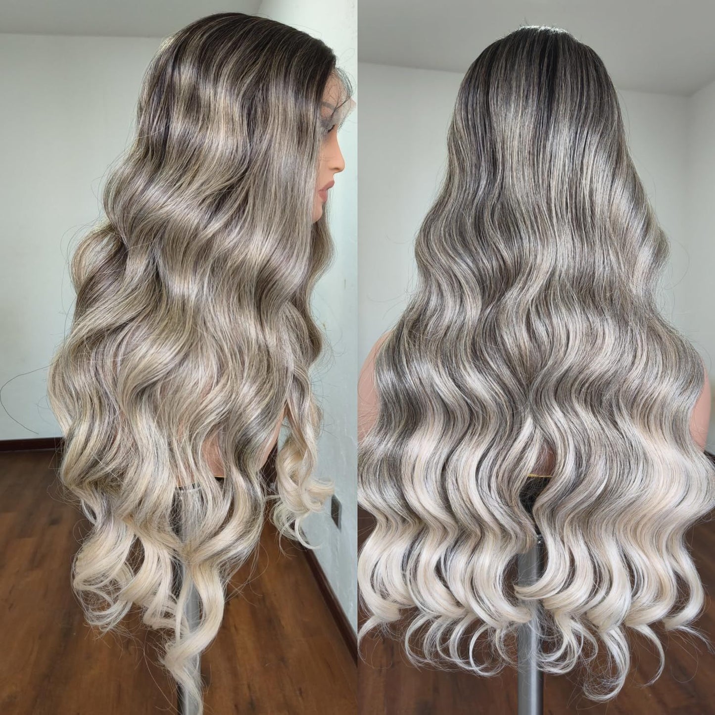 A224  New 13x4 Lace Front Body Wave Wig, Smoky Grey Ombre Natural Realistic Wig for Women