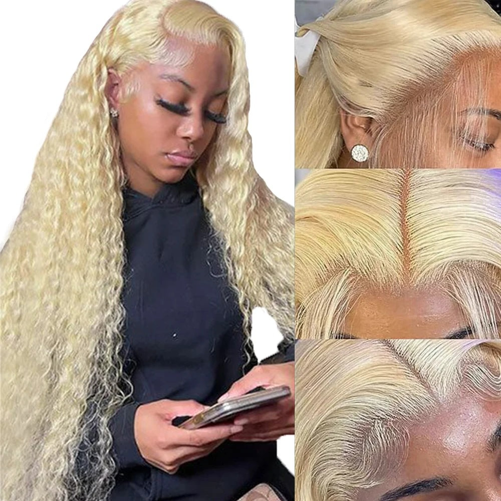 A270  Blonde Kinky Curly Lace Front Long Wig, Middle Part Afro Explosion Hairstyle Natural Synthetic Wig