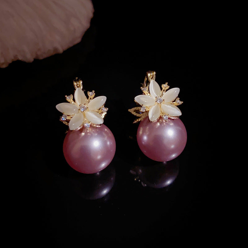 A246  Elegant Versatile Purple Pearl Double-Sided Flower Ear Clips, Minimalist Luxury 2-Way Fashion Earrings for Women