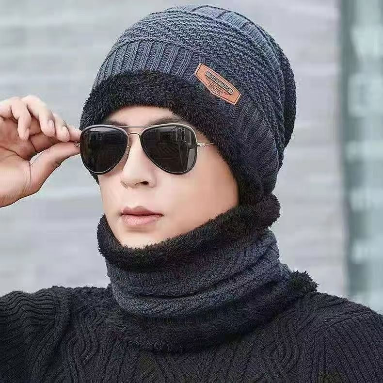 A290  Winter Hat Set with Ear Flaps and Fleece Lining Thickened Knit Hat and Scarf Two-Piece Set Autumn/Winter Wool Hat