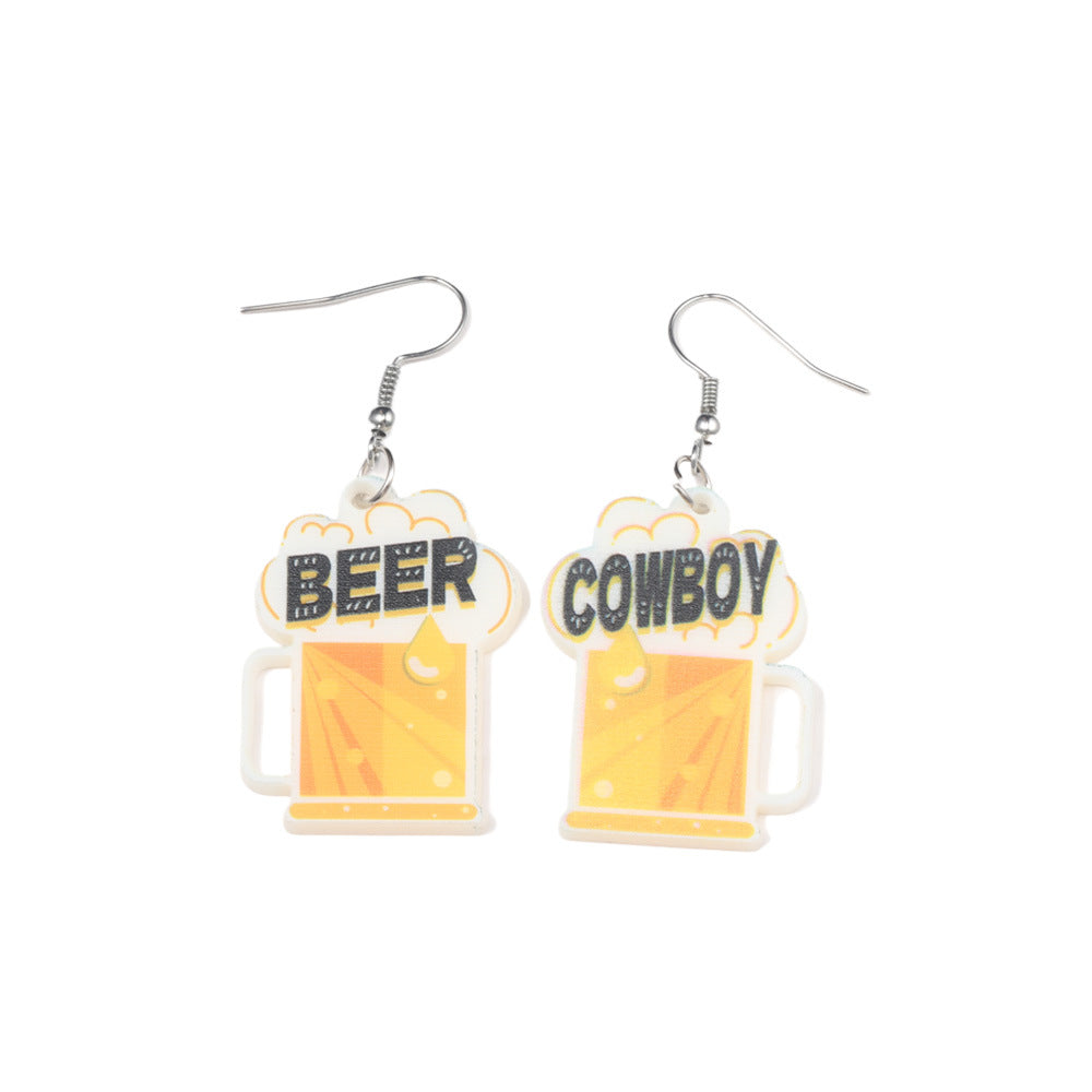 Western Cowboy Beer Mug Earrings, Eco-Friendly Acrylic New Personality Earrings