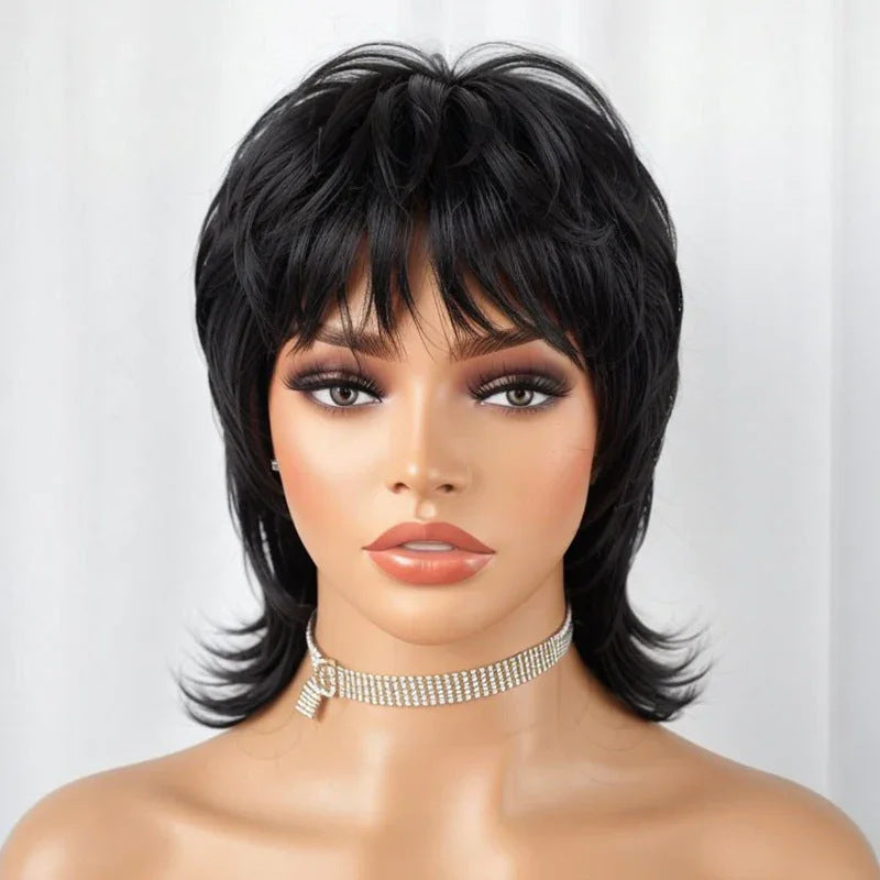 A280  ayered Shag Black Wig, Short Wolf Tail Mullet Style, African Style Daily Synthetic Wig for Women