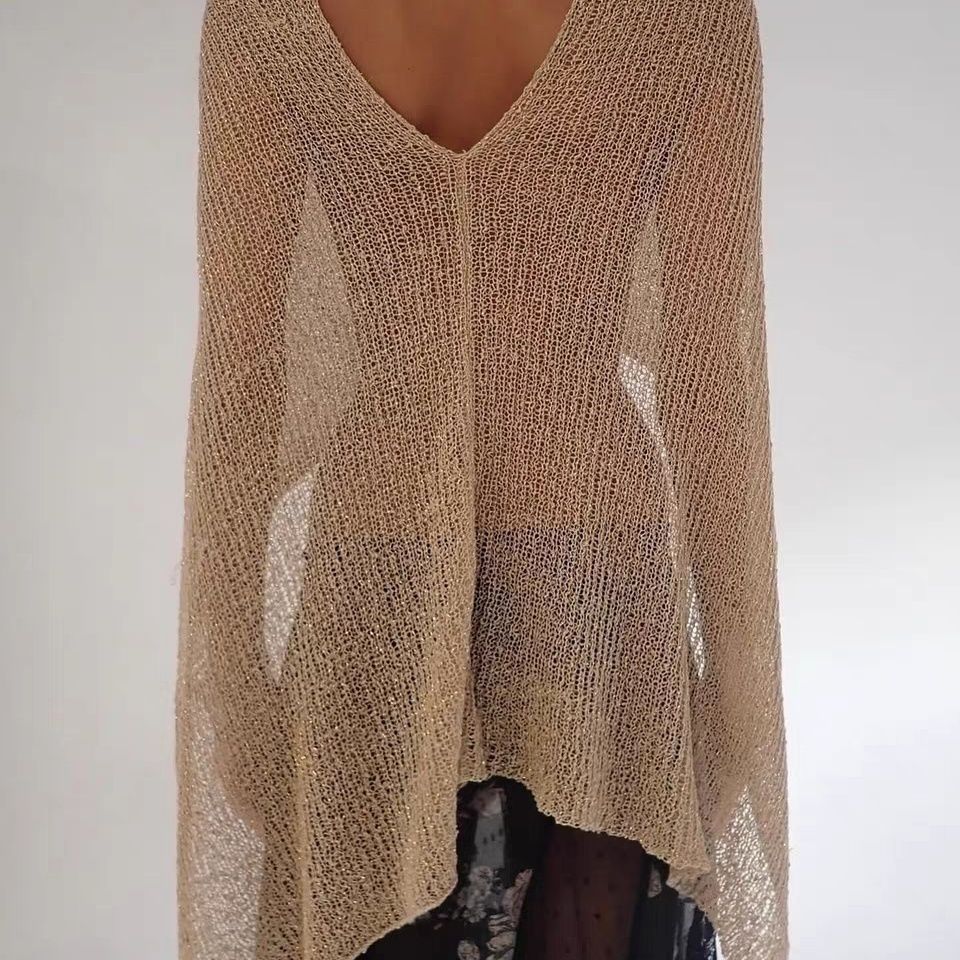 Women Hollow Out Sheer Knit Poncho Top, Multi Ways Wear Cropped Cover Up, Boho Beach Wrap Shawl, Vacation See Through Knit Blouse for Swimwear Cover Up