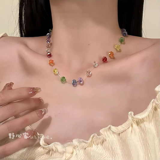 A289  【Sweet Summer Fantasy】Dopamine-Hued Crystal Bead Necklace: Designer Collar Chain Accessory