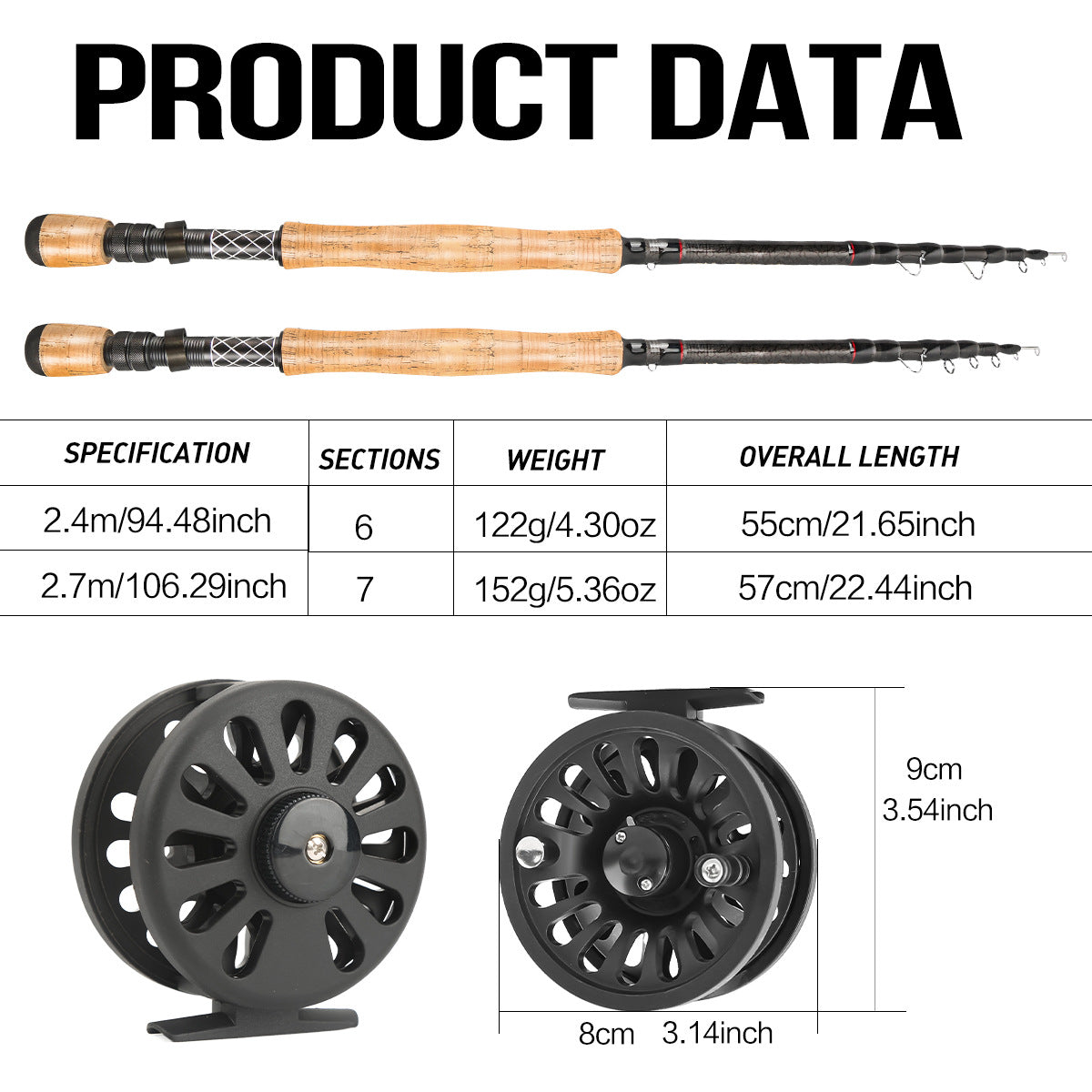 A260  Carbon Fiber Fly Fishing Gear 2.4/2.7m Long Casting Fly Rod, Reel Line Lures Hooks Complete Kit
