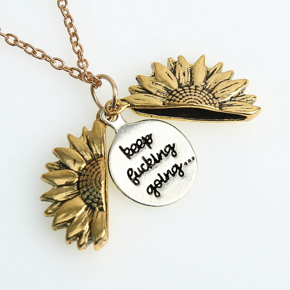 Minimalist Design Blackened Sunflower Necklace, Openable Engraved Alloy Clavicle Chain