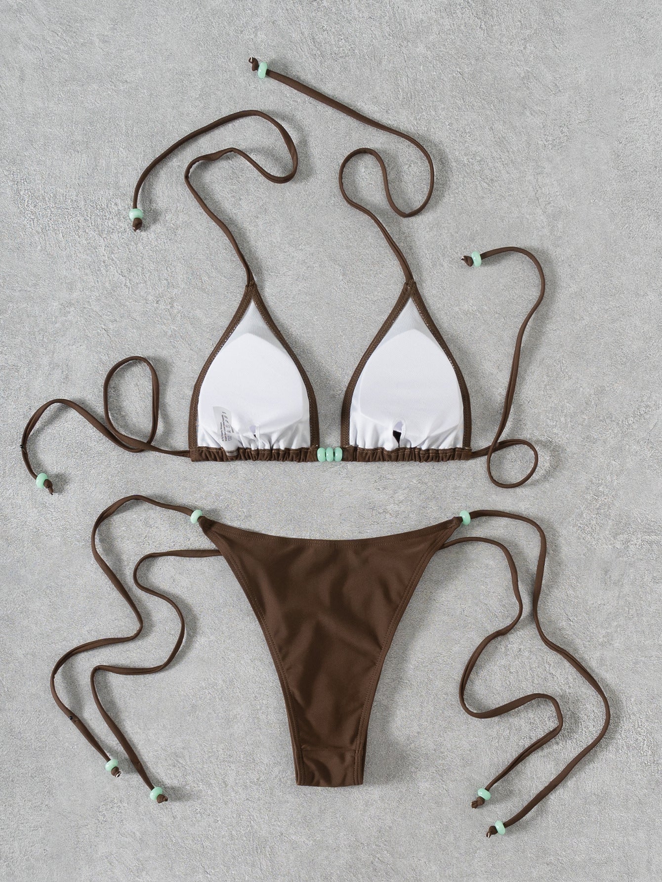 Beaded Halter Triangle Bikini Set, Textured Fabric Tie Side Two Piece Swimwear for Women