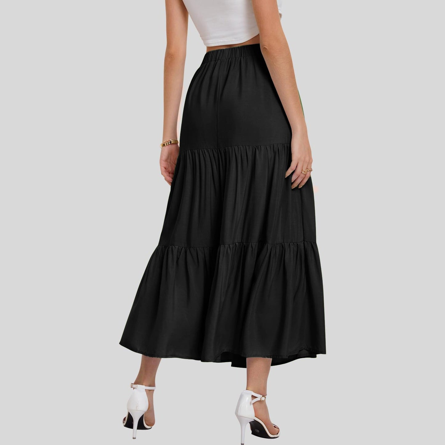 A367  Women's Summer Bohemian Pleated A-Line Flowy Layered Skirt with Pockets