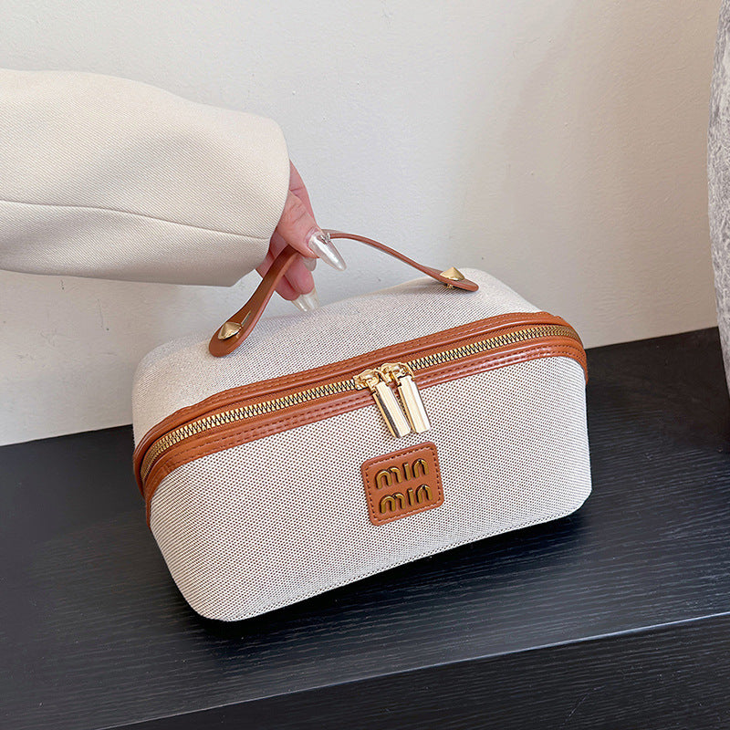 New Vintage-Style Flat-Fold Makeup Bag Large-Capacity Handheld Portable Cosmetics Organizer