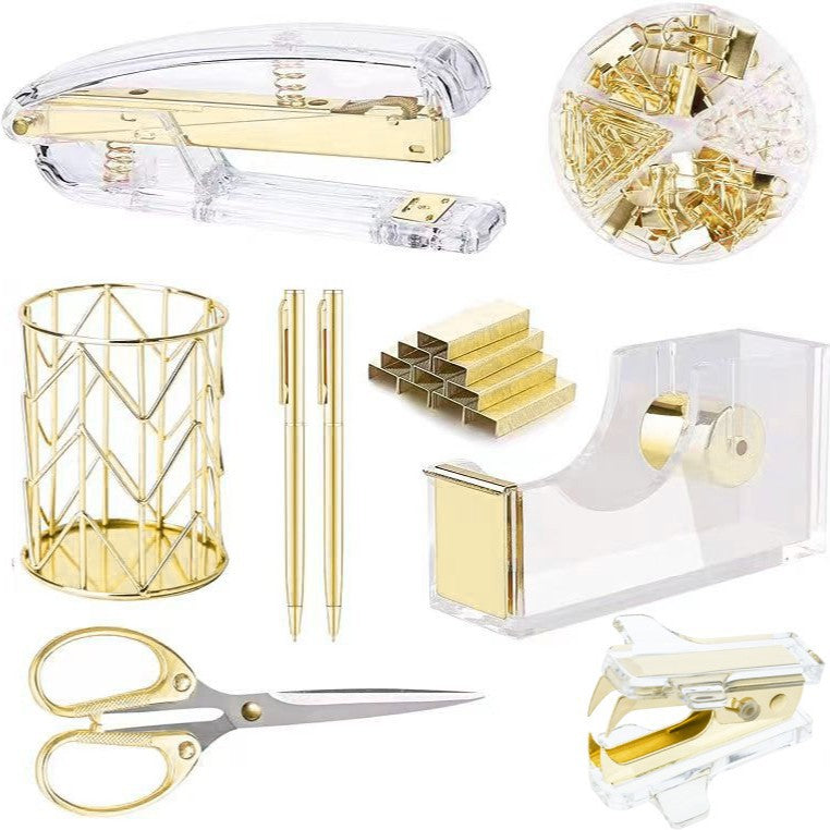 Rose Gold and Gold-Plated Office Desk Accessory Set, including an acrylic stapler set, staple remover, tape dispenser, 2 ballpoint pens, scissors, file folder, paper clips, staples, and storage box.