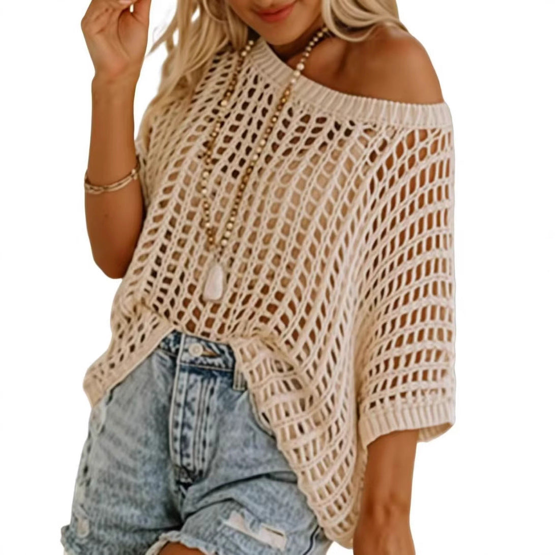 Women Hollow Out Knit Cover Up Top, Half Sleeve Mesh Beach Sweater, Off Shoulder Sheer Swim Cover Blouse