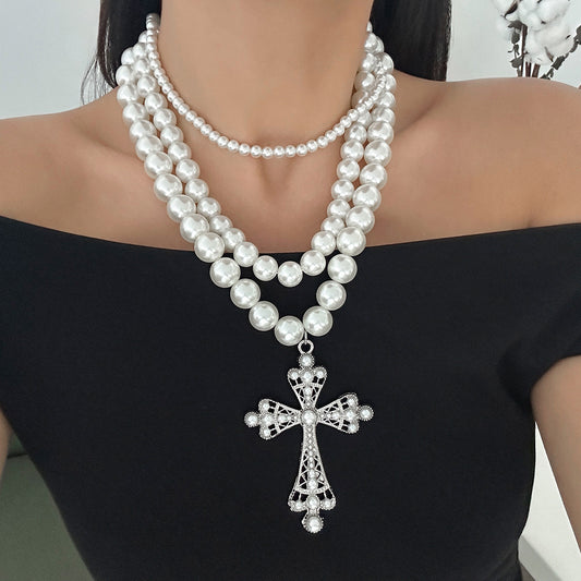 A177  Punk Pearl Cross Necklace Set, Beaded Layered Clavicle Chain Jewelry for Women
