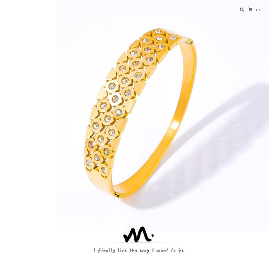 Chic Minimalist Geometric Hollow Bangle Titanium Steel Gold Plated Zircon Inlaid Elegant Fashion Jewelry Gift for Women