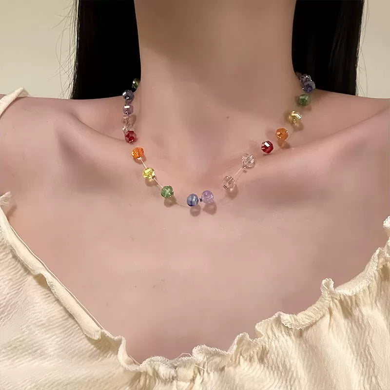 A289  【Sweet Summer Fantasy】Dopamine-Hued Crystal Bead Necklace: Designer Collar Chain Accessory