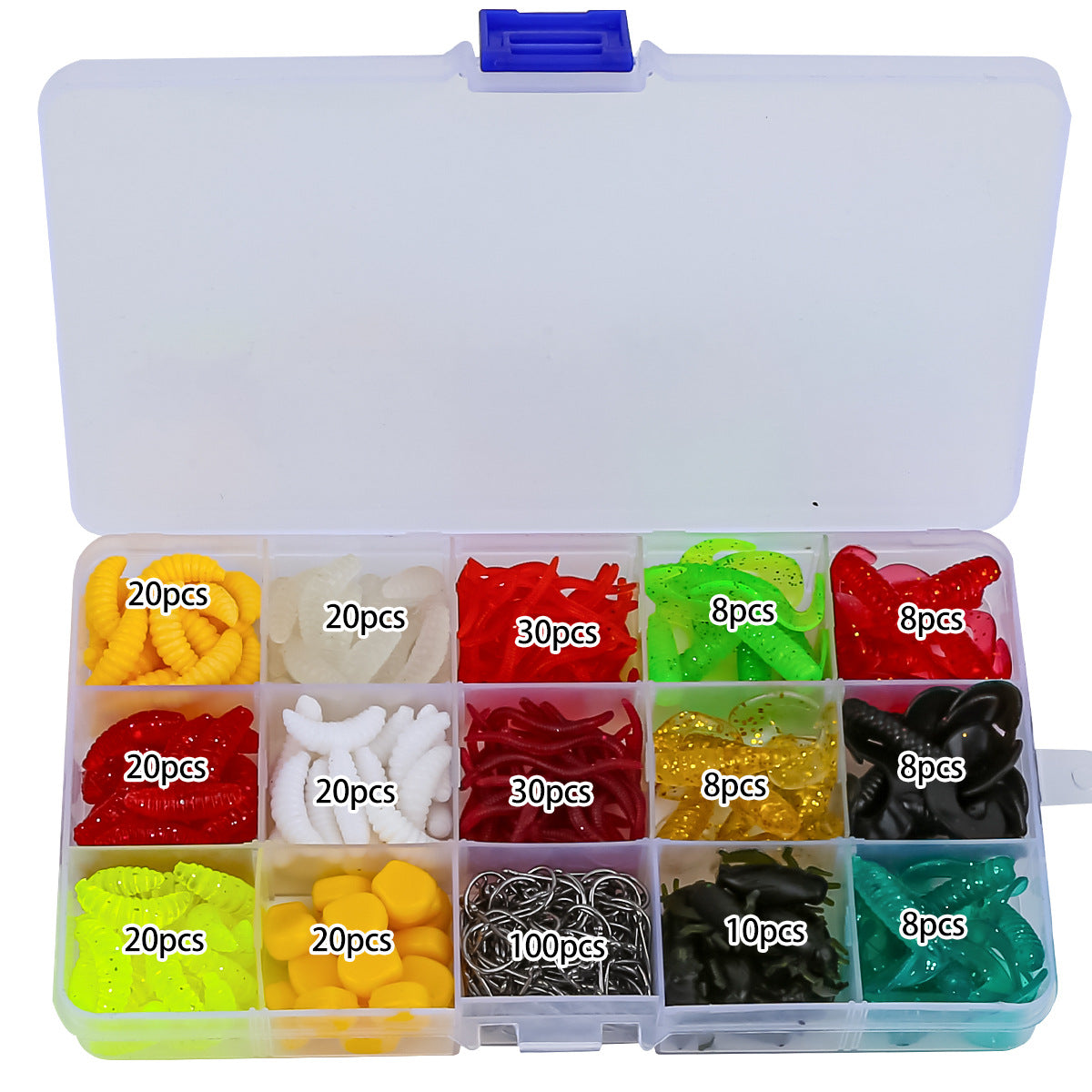F350  330Pcs Fishing Lure Accessories Kit Complete Soft Lure Set with 15 Grid Box Iseini Hooks