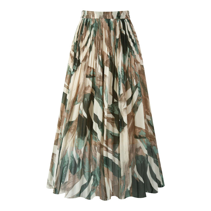 A369   Fashion Printed Chiffon Midi Skirt Women Elastic Waist Pleated Swing Skirt Elegant Lady Casual Wear