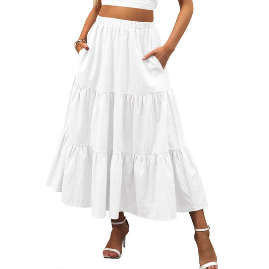 A367  Women's Summer Bohemian Pleated A-Line Flowy Layered Skirt with Pockets