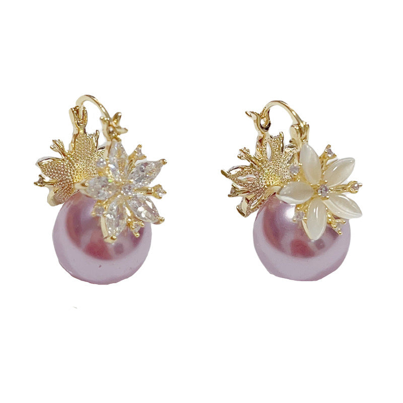 A246  Elegant Versatile Purple Pearl Double-Sided Flower Ear Clips, Minimalist Luxury 2-Way Fashion Earrings for Women