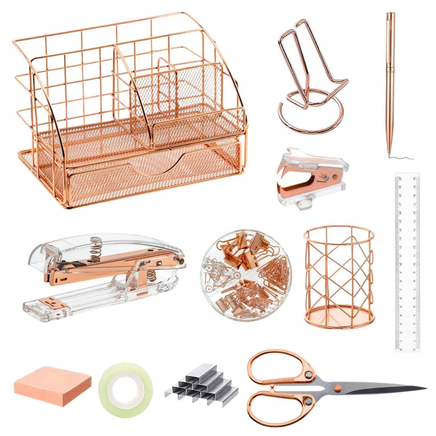 Rose Gold and Gold-Plated Office Desk Accessory Set, including an acrylic stapler set, staple remover, tape dispenser, 2 ballpoint pens, scissors, file folder, paper clips, staples, and storage box.