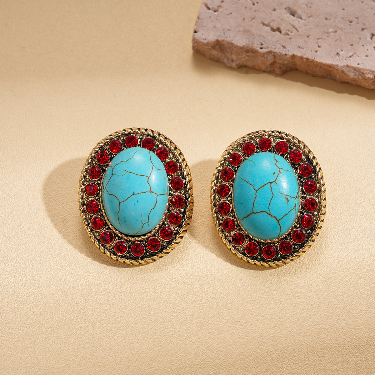 A193  Luxury High-Grade Ethnic Stone Rhinestone Necklace, Geometric Splicing Boho Vintage Sweater Chain