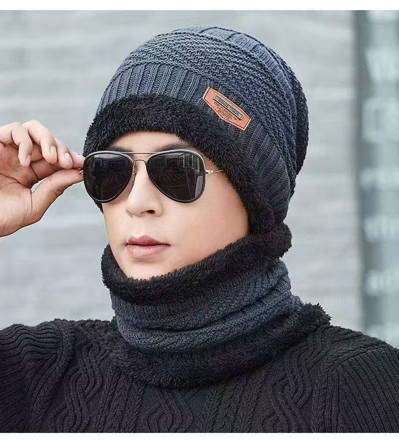A290  Winter Hat Set with Ear Flaps and Fleece Lining Thickened Knit Hat and Scarf Two-Piece Set Autumn/Winter Wool Hat