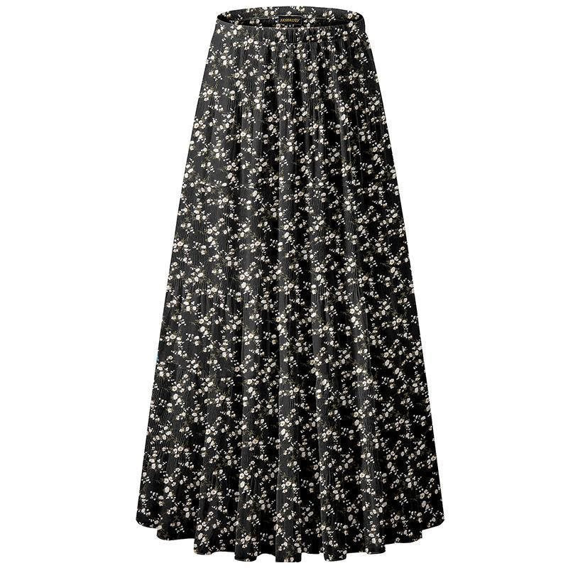 Women Floral Print Chiffon Maxi Skirt, Elastic High Waist Pleated A-Line Flared Long Skirt