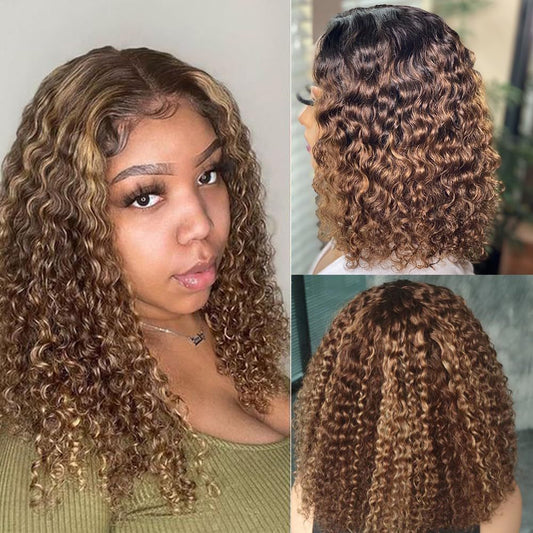 Brown Highlight Short Kinky Curly Synthetic Wig, Fluffy African Coily Wig for Black Women Daily Wear