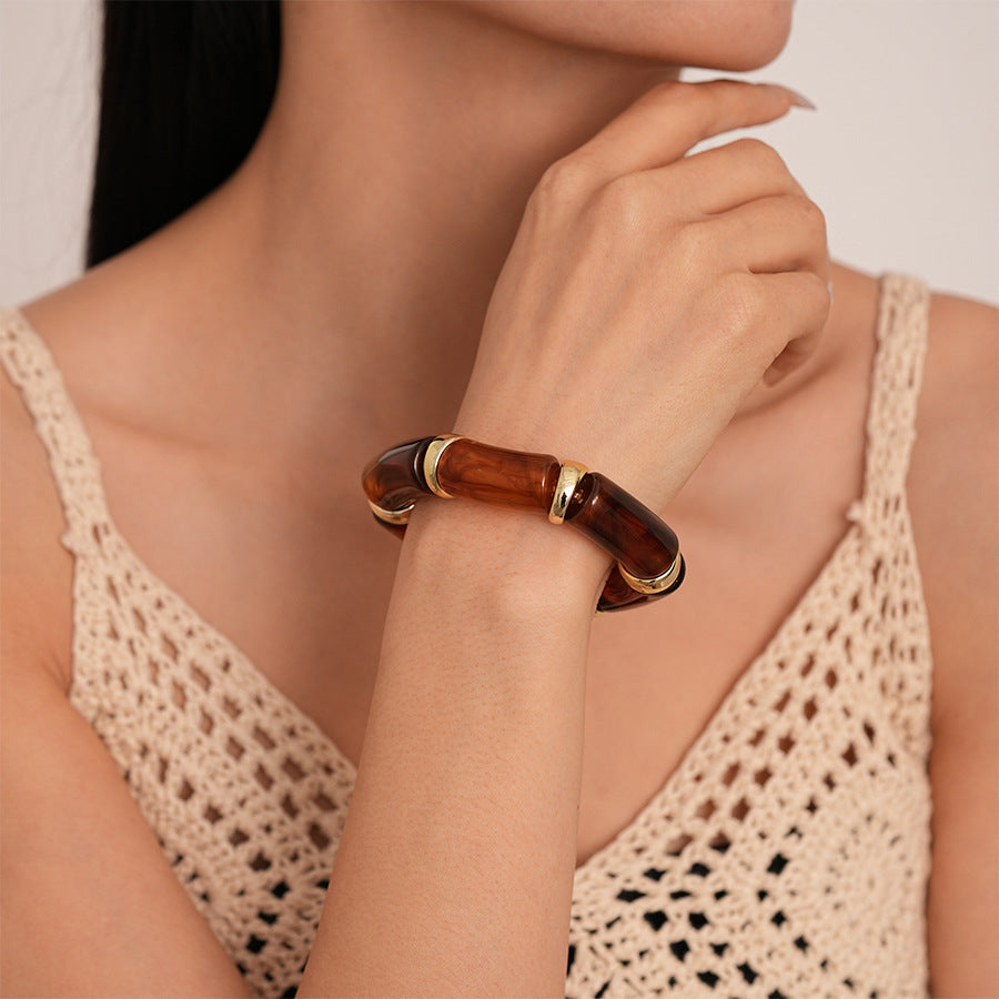 A203   Vintage Tie-Dye Geometric Acrylic Bracelet, Bamboo Stretch Design Unique High-Grade Jewelry for Women