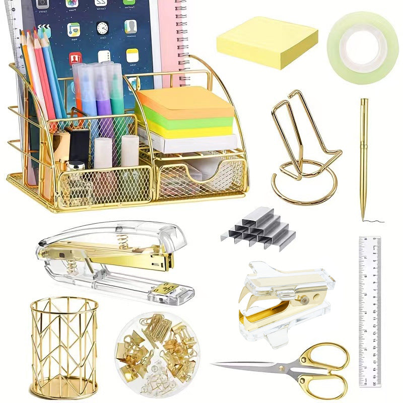Rose Gold and Gold-Plated Office Desk Accessory Set, including an acrylic stapler set, staple remover, tape dispenser, 2 ballpoint pens, scissors, file folder, paper clips, staples, and storage box.