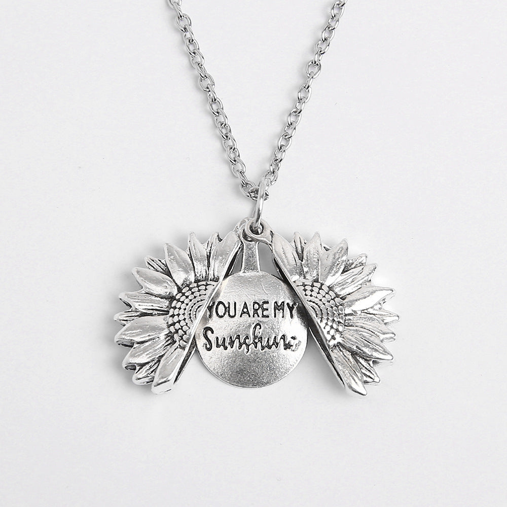 Minimalist Design Blackened Sunflower Necklace, Openable Engraved Alloy Clavicle Chain