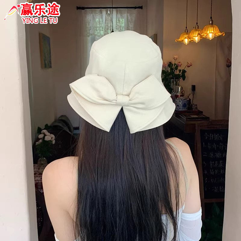 Women Bow Bucket Sun Hat, Japanese Style Large Brim UV Protection Casual Summer Fisherman Hat