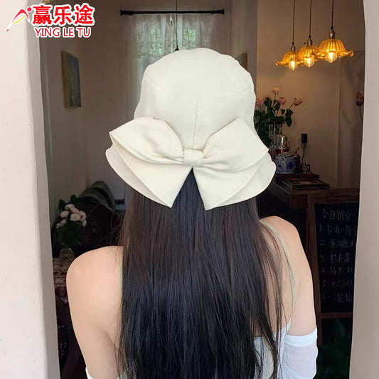 Women Bow Bucket Sun Hat, Japanese Style Large Brim UV Protection Casual Summer Fisherman Hat