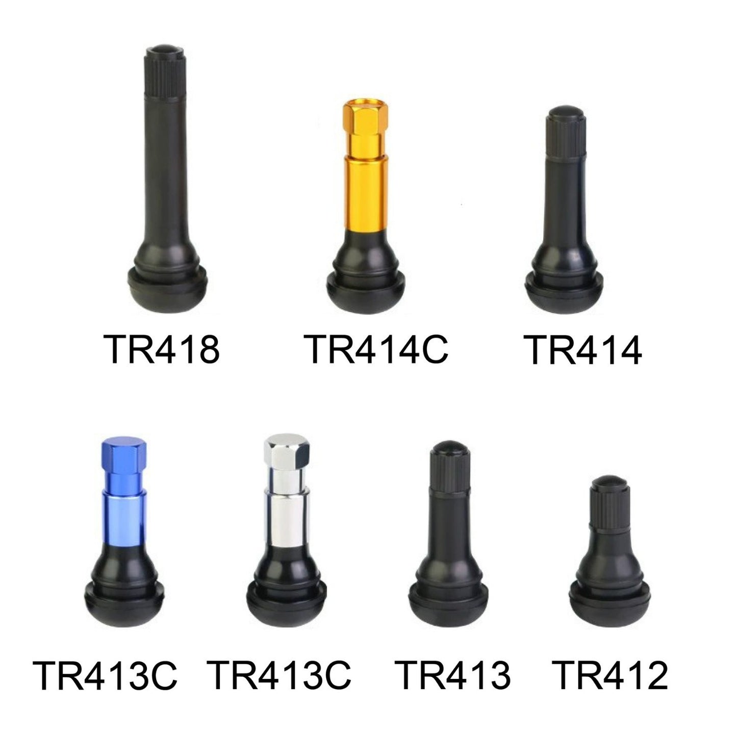 A311  TR413/TR414 Tubeless Tire Valve Stems, Black Rubber & Alloy Valve Caps Universal Tire Valves
