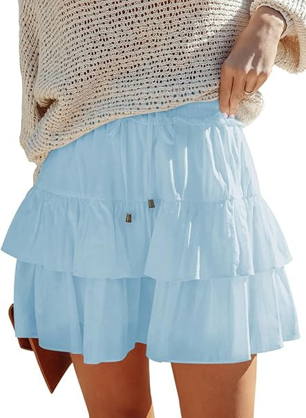 A370  Ladies Flowy Tiered Ruffle Mini Skirt High Waist Tie Waist Bohemian Skirt For Outdoor Vacation