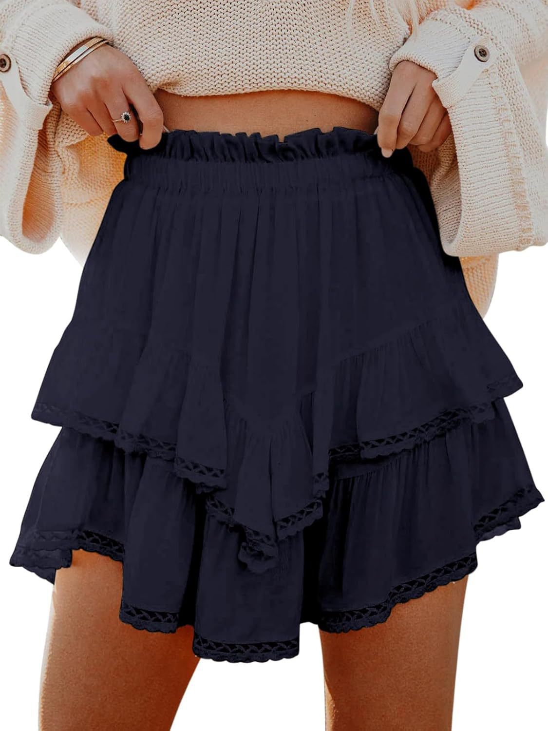 A360  Women Flowy Casual Boho Shorts High Waist Mini Skirt Ruffled Layered Hem Crochet Skort For Golf Tennis Sports