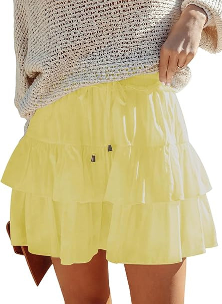 A370  Ladies Flowy Tiered Ruffle Mini Skirt High Waist Tie Waist Bohemian Skirt For Outdoor Vacation