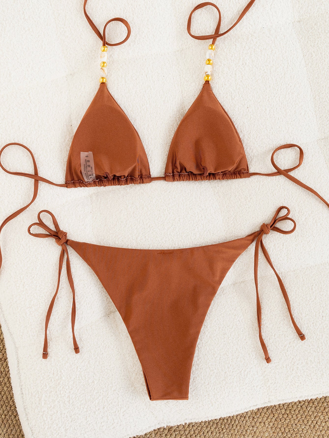 Beaded Halter Triangle Bikini Set, Textured Fabric Tie Side Two Piece Swimwear for Women