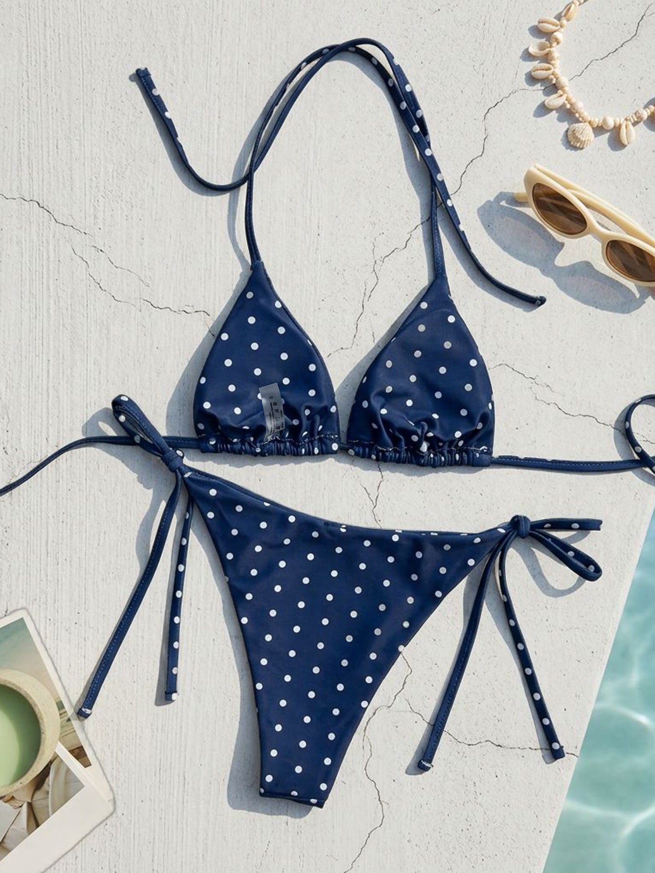 Beaded Halter Triangle Bikini Set, Textured Fabric Tie Side Two Piece Swimwear for Women