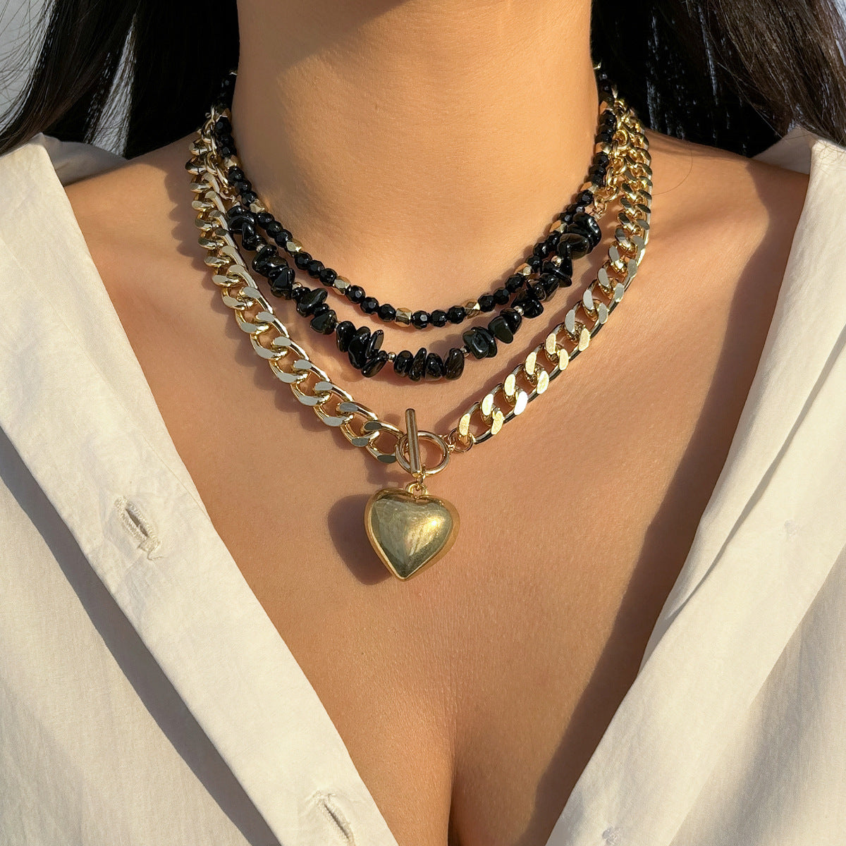 A189  Fashion Sweet Cool Black Beaded Choker, Crystal Heart Long Layered Necklace for Women