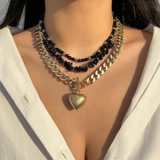 A189  Fashion Sweet Cool Black Beaded Choker, Crystal Heart Long Layered Necklace for Women