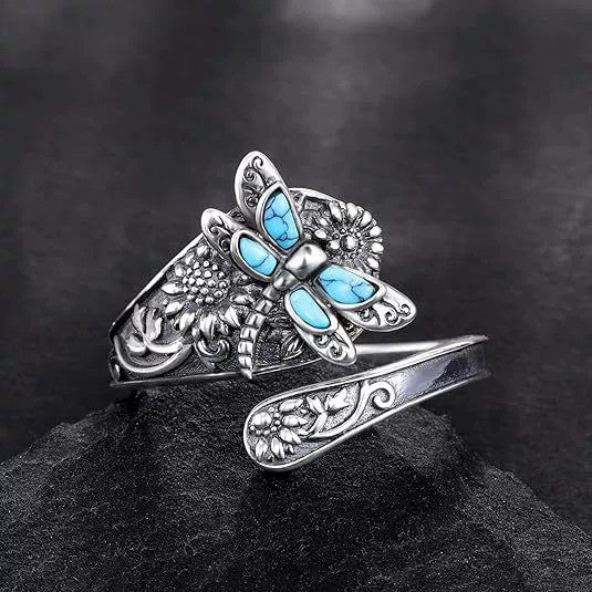 A359  New Bohemian Turquoise Dragonfly Sunflower Ring Vintage Western Style Adjustable Wrap Band Women Gift Jewelry