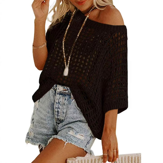 Women Hollow Out Knit Cover Up Top, Half Sleeve Mesh Beach Sweater, Off Shoulder Sheer Swim Cover Blouse