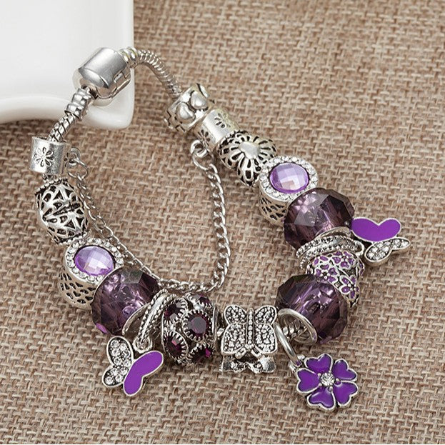 High-Quality New Crystal Bead Bracelet Purple Butterfly Flower Bracelet